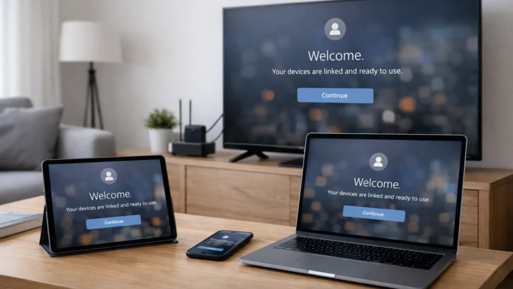 A premium desk or living room setup showing multiple realistic devices working together: Smart TV, tablet, smartphone, and laptop with consistent generic streaming/account setup visuals. The image should communicate compatibility across devices and a smooth setup process.