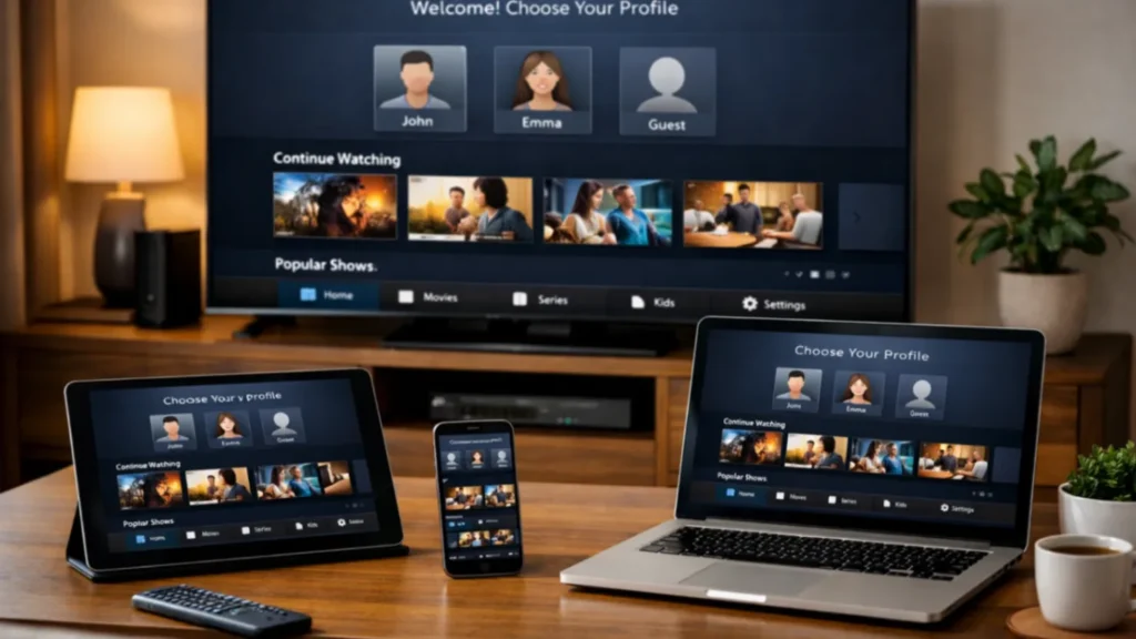 A polished entertainment setup with a TV and streaming device, showing a clean generic app-selection or content-navigation screen. Emphasize comparison, usability, and modern app experience without showing any copyrighted logos or app names.