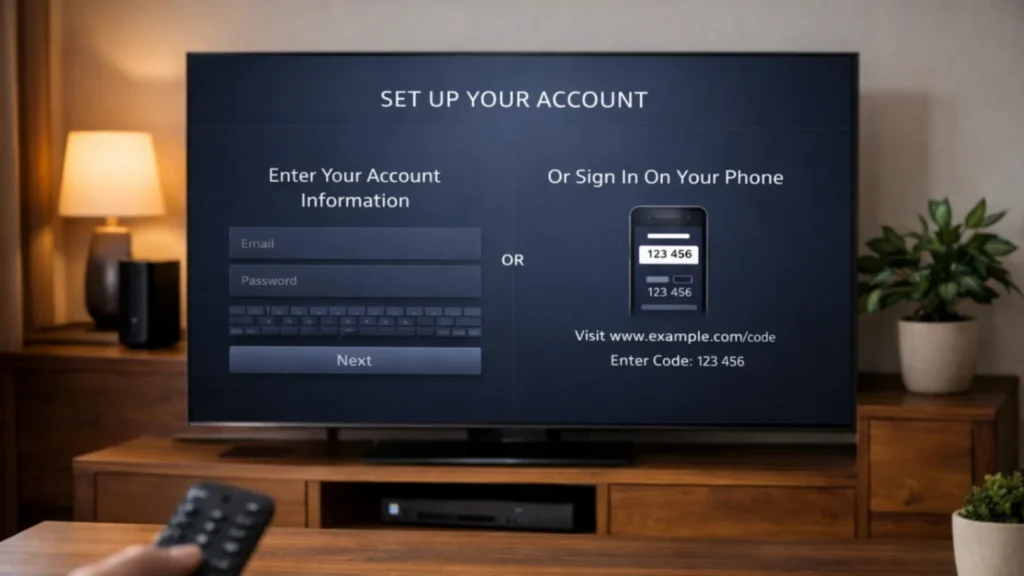 A realistic TV or tablet showing a clean generic login/setup screen with two different input methods represented visually in a professional way. The scene should communicate account setup, configuration, and clarity, without using branded app interfaces or trademarked layouts.