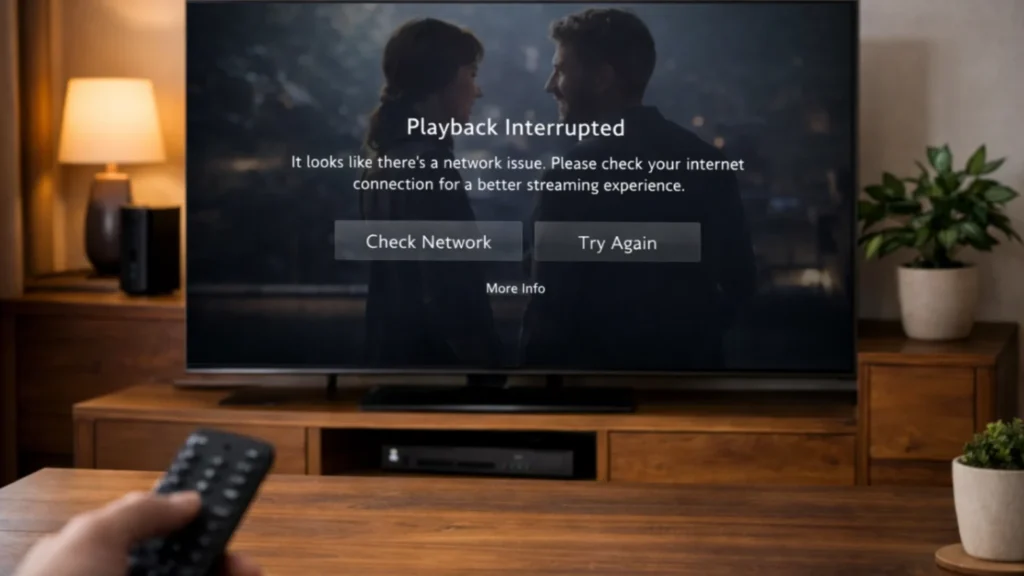 A believable home streaming setup with a TV, router, and remote, subtly showing playback interruption or troubleshooting context in a realistic way. Avoid dramatic warning symbols. Emphasize problem-solving, stable connection, and performance improvement.