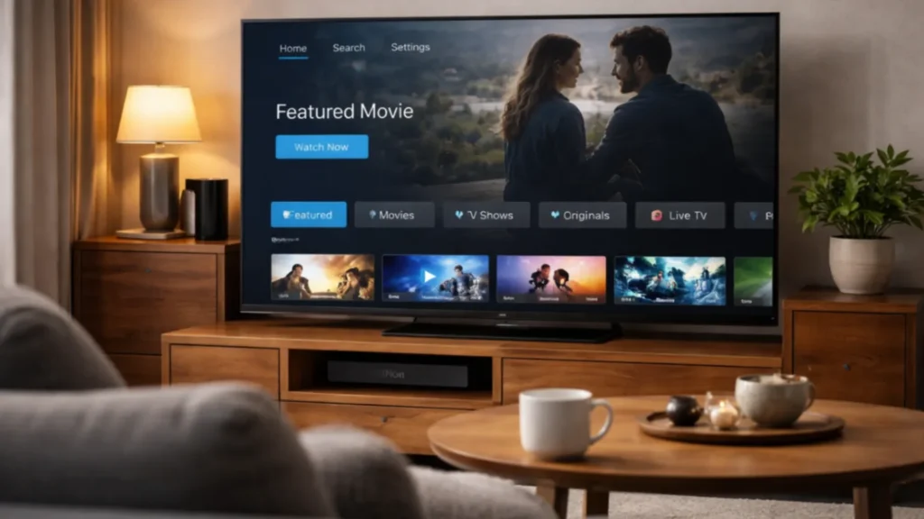 A modern living room featuring a sleek Smart TV displaying a generic streaming interface, with emphasis on direct TV-based viewing. The image should communicate Smart TV compatibility, clean setup, and comfortable home entertainment.