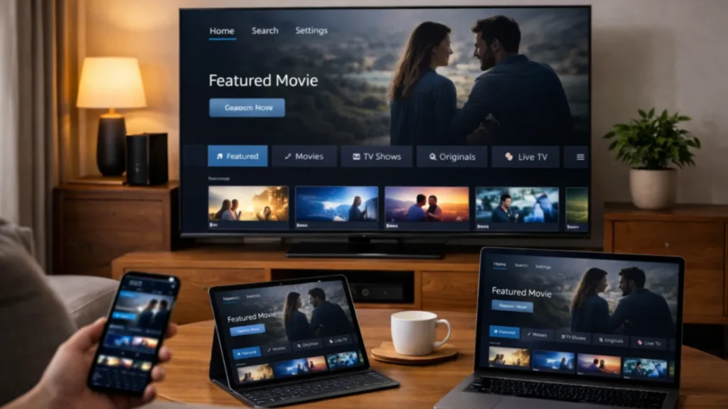 A premium home setup showing multiple devices in one household environment, such as TV, tablet, smartphone, and laptop, all connected to a consistent generic streaming ecosystem. The image should visually communicate multi-device access and household usage.