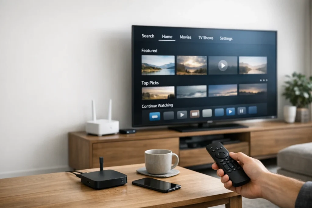 A realistic modern living room with a television and a Fire TV stick setup in use. Show a clean generic streaming interface on the TV, a remote on a table, and a subtle sense of easy home setup. Emphasize simplicity, legality, and beginner-friendly installation. Leave clean negative space for a blog title.