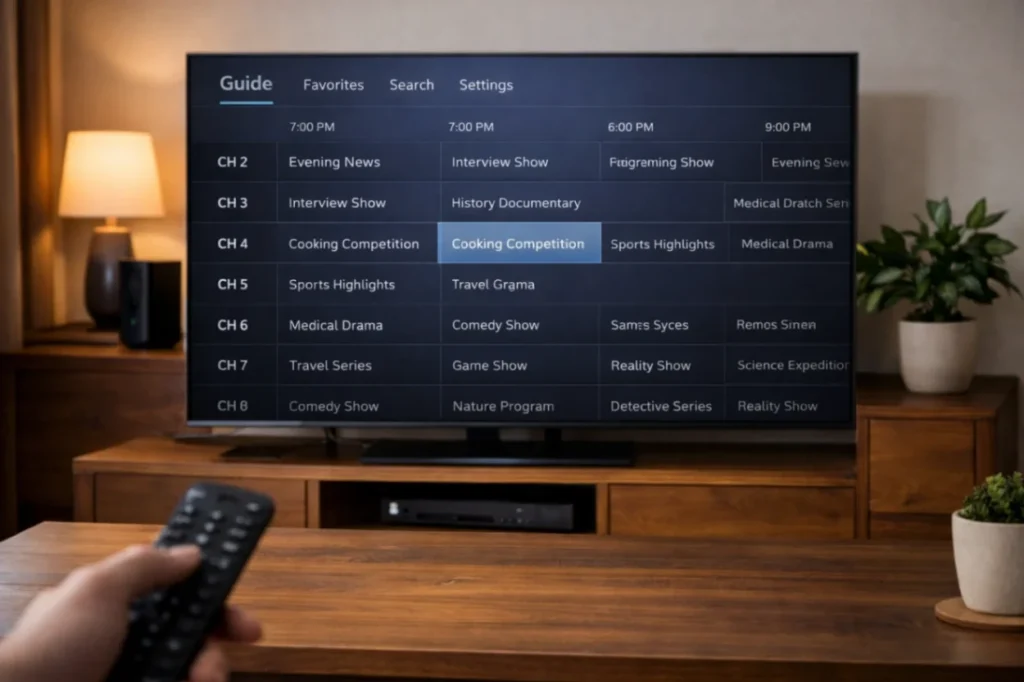 A large TV displaying a clean, realistic generic electronic program guide with channel rows and schedule blocks. The interface must look elegant, readable, and believable. Emphasize navigation, TV scheduling, and viewing convenience.