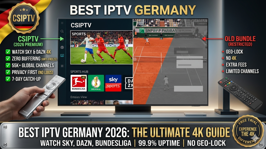 Stream Sky, DAZN, and ARD in 4K with the Best IPTV Germany service. Zero buffering, no logs, and 99.9% uptime for 2026.