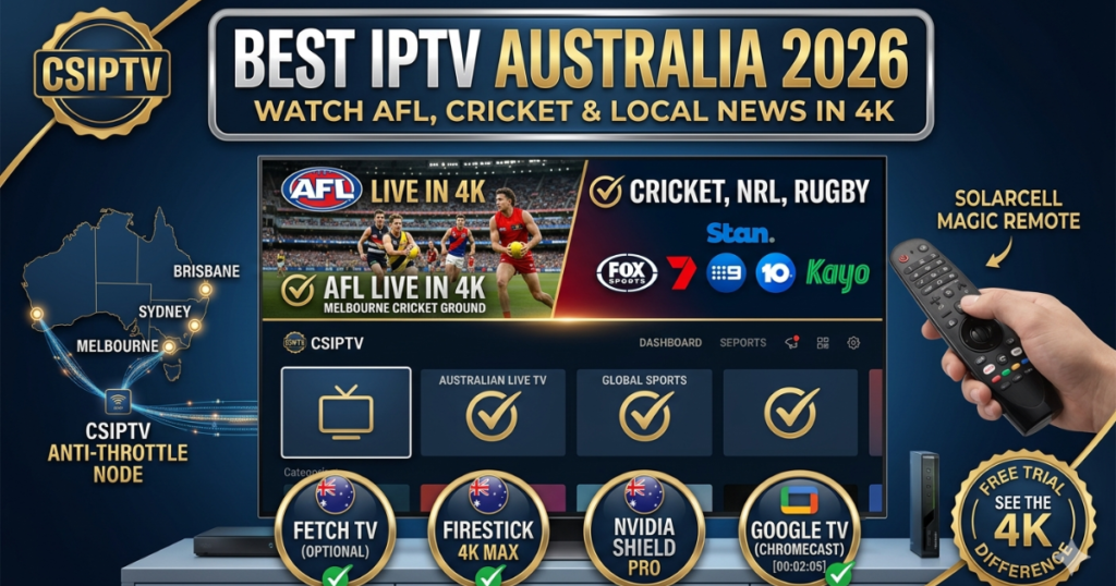 Discover the Best IPTV Australia service for 2026. Stream AFL, NRL, and Australian local news in 4K UHD. Works with Telstra, Optus & TPG NBN connections.