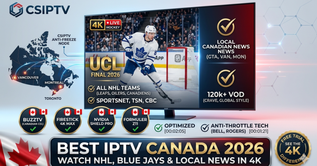 Discover the Best IPTV Canada service for 2026. Stream NHL, Blue Jays, and local news from Toronto to Vancouver in 4K UHD. Works with Bell, Rogers & Telus.