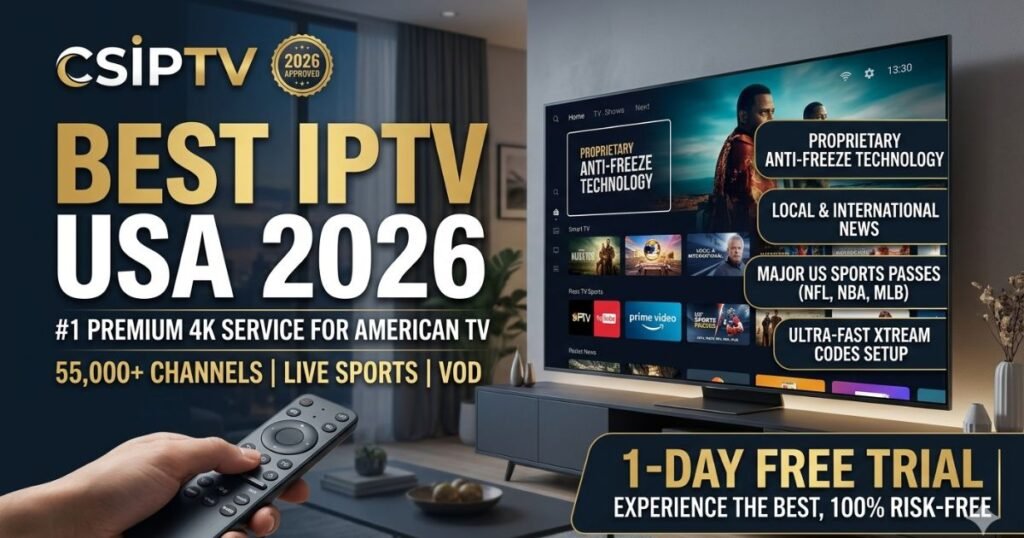 Looking for the Best IPTV USA 2026? CSIPTV offers 55k+ channels, Anti-Freeze Technology, and 4K sports. Get the Best IPTV USA 2026 experience with a free trial!