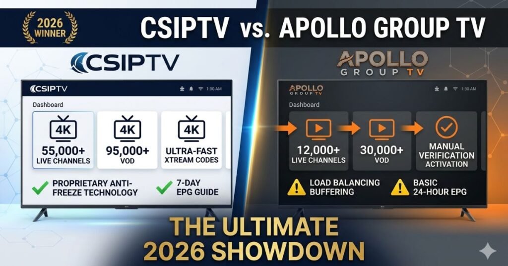 Deep comparison of CSIPTV vs Apollo Group. Discover why CSIPTV's Anti-Freeze Technology, 4K VOD, and Xtream Codes setup beat the competition.