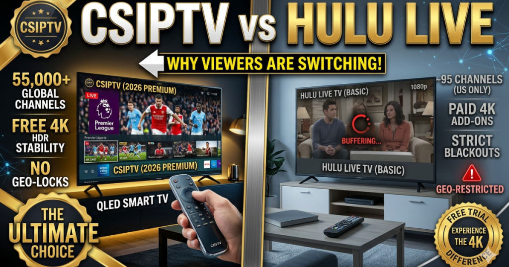 The digital entertainment market in 2026 has reached a crossroads where consumers must choose between overpriced corporate bundles and high-performance independent providers. This CSIPTV vs Hulu Live comparison exposes the massive gap in value, content, and quality that currently exists. While Hulu Live remains a popular choice in the US, it is increasingly seen as a restrictive and expensive relic when compared to the global, 4K-native infrastructure of CSIPTV.