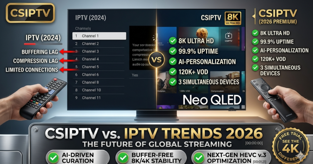 Compare CSIPTV vs IPTV Trends in 2026. Discover how AI personalization, 8K HEVC streaming, and 5G optimization are redefining the modern entertainment journey.Compare CSIPTV vs IPTV Trends in 2026. Discover how AI personalization, 8K HEVC streaming, and 5G optimization are redefining the modern entertainment journey.