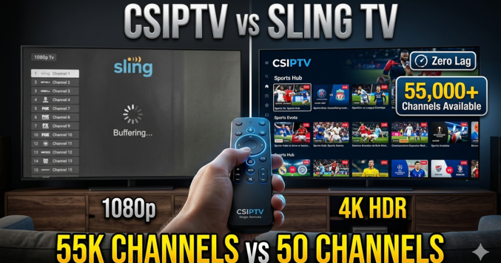 An in-depth CSIPTV vs Sling TV comparison for 2026. Discover which service offers better 4K sports, more global channels, and the best value for your money.