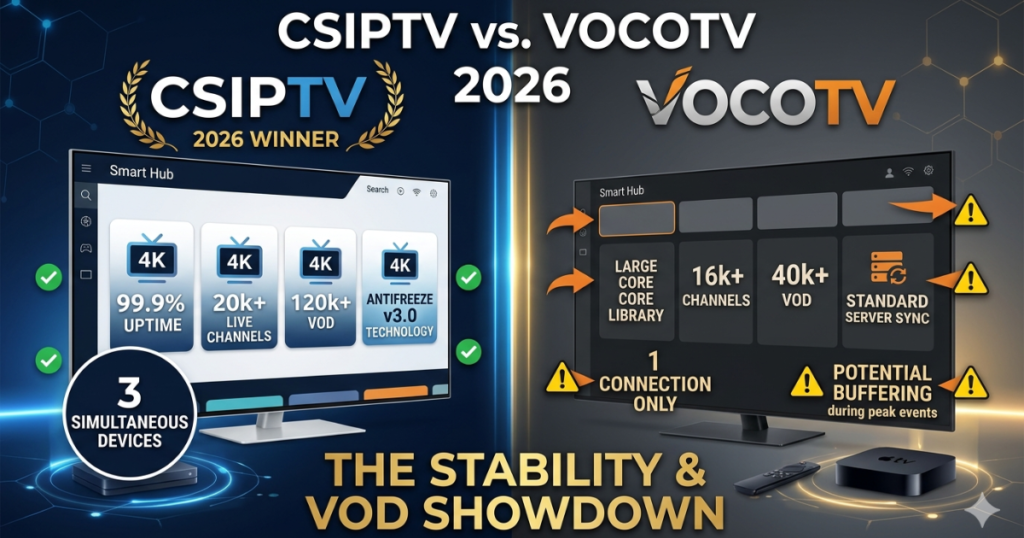 A technical 2026 comparison of CSIPTV vs VocoTV. Discover why CSIPTV's Anti-Freeze tech and 3-device support outrank VocoTV for 4K live sports and global movies.