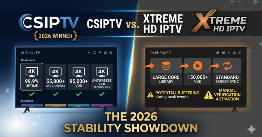 Compare CSIPTV vs Xtreme HD IPTV. Discover why CSIPTV's Anti-Freeze Technology and 4K stability outperform Xtreme HD in 2026. Get the best IPTV guide here.