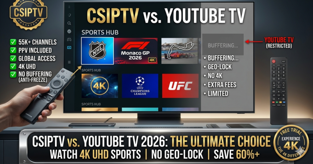 Explore the ultimate CSIPTV vs YouTube TV comparison. Discover why CSIPTV offers more 4K channels, better global sports, and no regional blackouts for half the price.