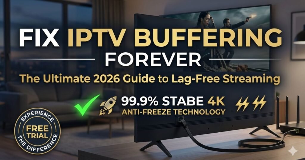 Visual guide on how to fix IPTV buffering, featuring a stable 4K connection and a free trial offer on a futuristic screen.