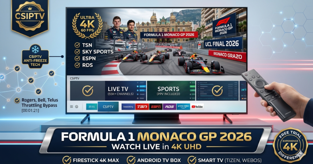 Stream the 2026 Formula 1 Monaco GP in 4K UHD. Get the best M3U and Xtream Codes for buffer-free racing on Firestick, Smart TV, and Android Box.