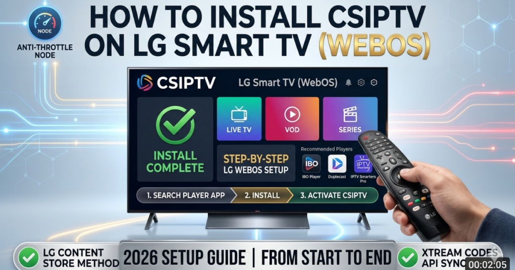 Master the setup of CSIPTV on LG Smart TV (WebOS). Learn how to use the LG Content Store to install IPTV Smarters, Duplecast, or IBO Player for 4K streaming.