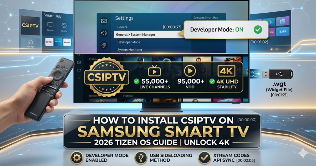 Learn how to install CSIPTV on your Samsung Smart TV. Master Tizen OS sideloading, developer mode, and USB installation for 4K streaming on QLED & OLED models.