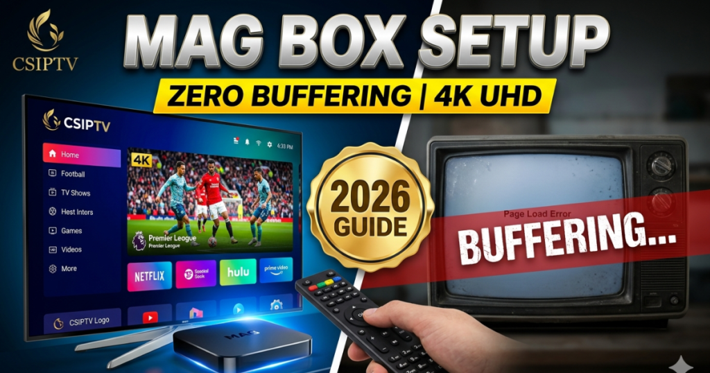 Learn the professional MAG Box Setup for all models (524, 544, 322). Configure portals, update software, and unlock 55k+ channels with CSIPTV.