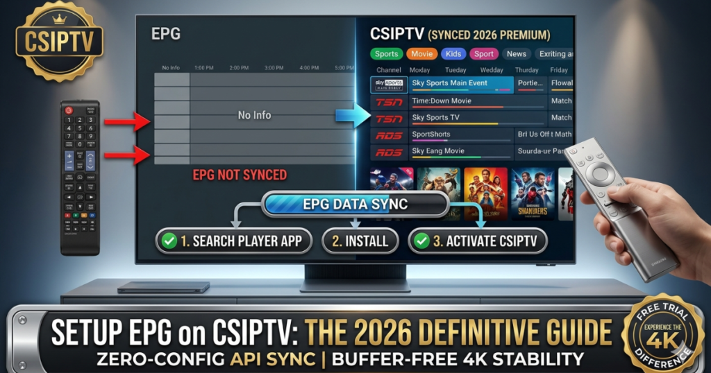 Learn how to setup EPG on CSIPTV for Firestick, Android TV, and iOS. Get 7-day accurate schedules, logos, and program details using the Xtream Codes API.