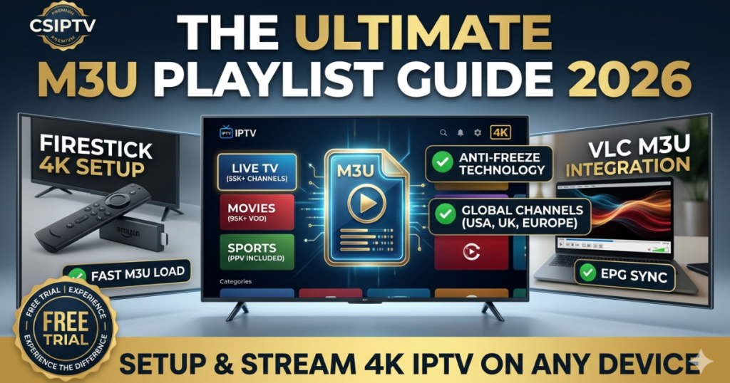 Master your M3U Playlist setup. Learn how to use M3U links on VLC, Firestick, and Android TV. Get the best 4K streaming experience with CSIPTV’s stable servers.