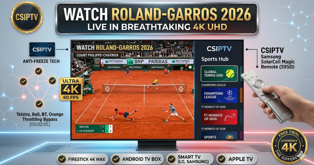 Stream every match of Roland-Garros 2026 in 4K. Get the best IPTV packages for the French Open with no buffering and 99.9% uptime on all devices.