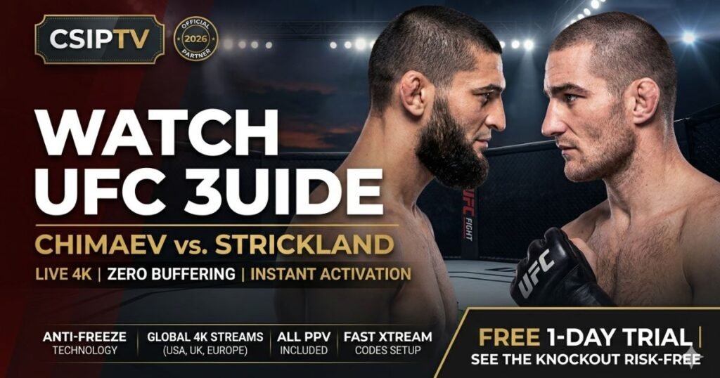 Visual guide showing how to watch UFC 328 Chimaev vs. Strickland in live 4K, featuring anti-freeze technology and a free trial offer on a screen.