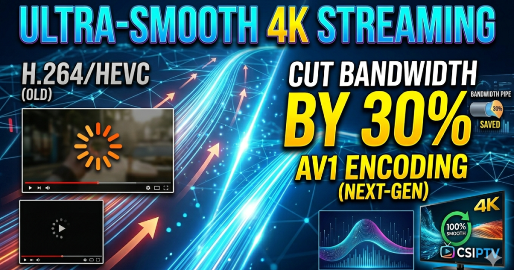 Discover the core AV1 Encoding Benefits. Reduce data bandwidth by 30-50%, stream in smooth 4K, and optimize your player via CSIPTV.