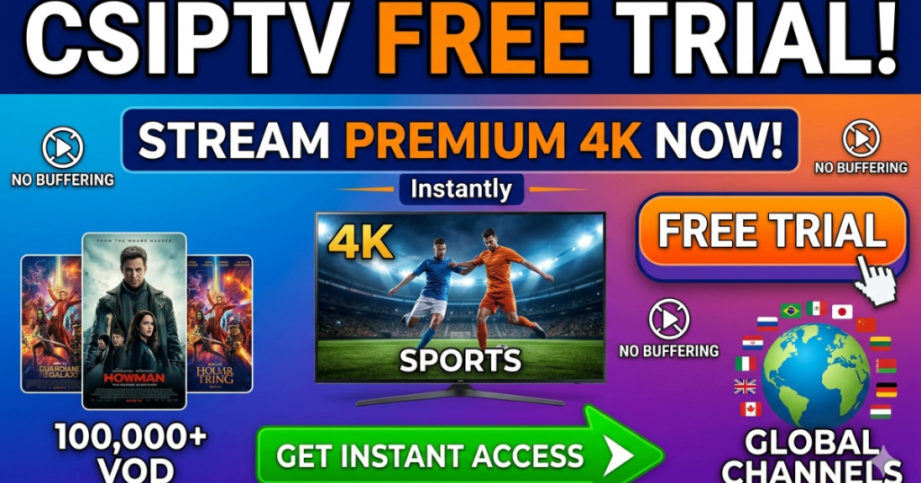 Activate your CSIPTV Free Trial today. Test over 25,000 global 4K channels, premium live sports, and massive VOD libraries completely risk-free.