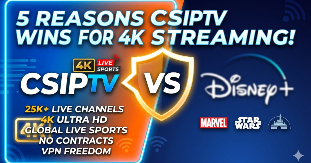 CSIPTV vs Disney+? Discover why CSIPTV is the best choice for global 4K live sports, 25k+ channels, and true value in 2026.