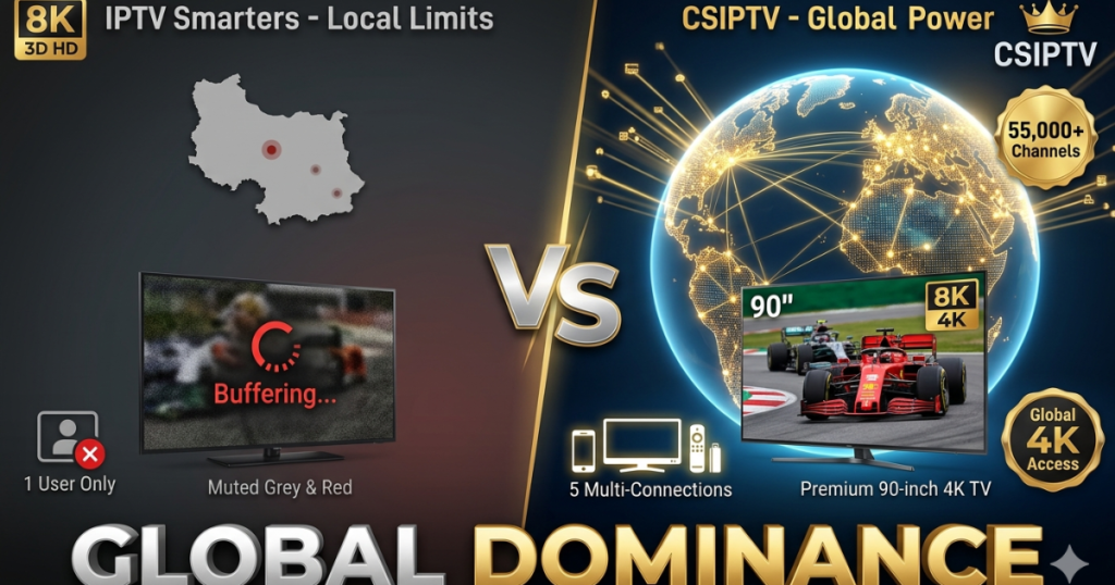 Compare CSIPTV vs IPTV Smarters. Discover why CSIPTV’s global 4K network outperforms localized services with 55,000+ channels and elite support.