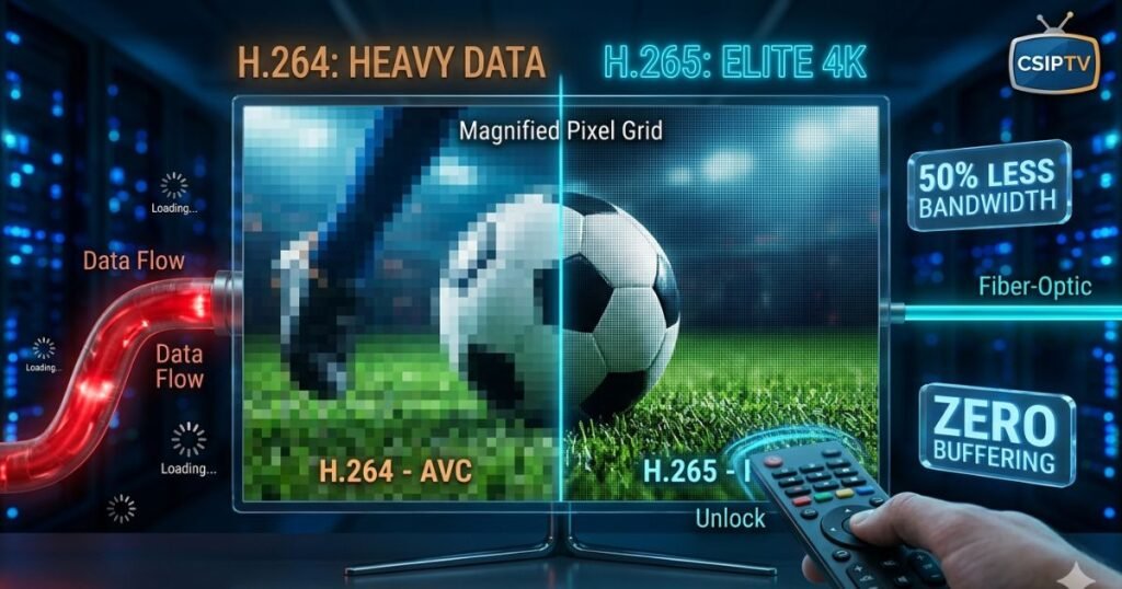 Compare H.265 vs H.264 codecs for IPTV. Learn why HEVC offers better 4K quality, reduces buffering, and saves data compared to AVC in 2026.