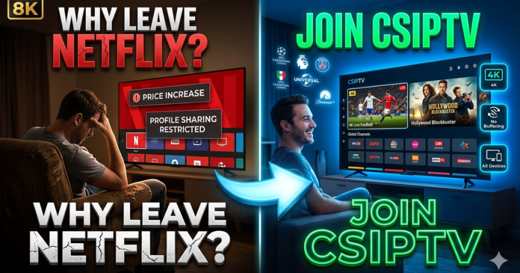 Why Leave Netflix? Découvrez comment CSIPTV offre plus de 25 000 chaînes, du sport 4K et des VOD illimitées à un prix imbattable en 2026.