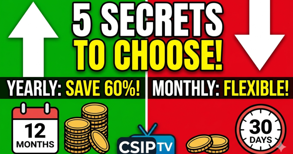 Analyze the ultimate Yearly vs Monthly subscription battle. Save big on premium 4K television entertainment today with CSIPTV.